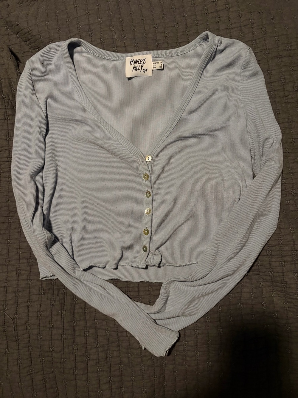 Princess Polly Baby Blue Ribbed Button-Front Long Sleeve Crop Top